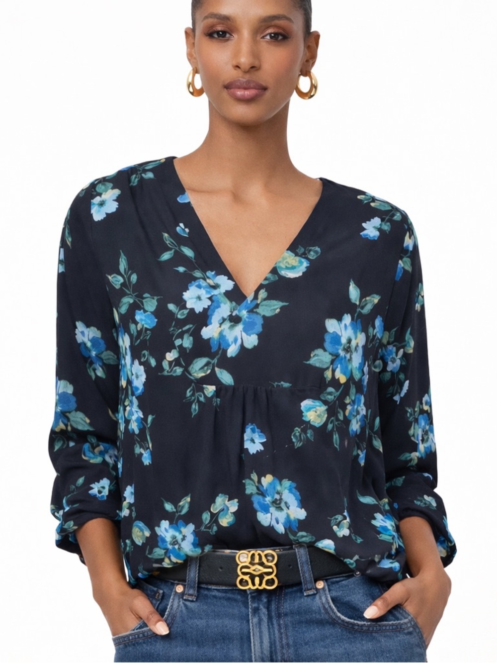 Floral V-Neck Top Blouse Black Blue Floral - Picture 1 of 7